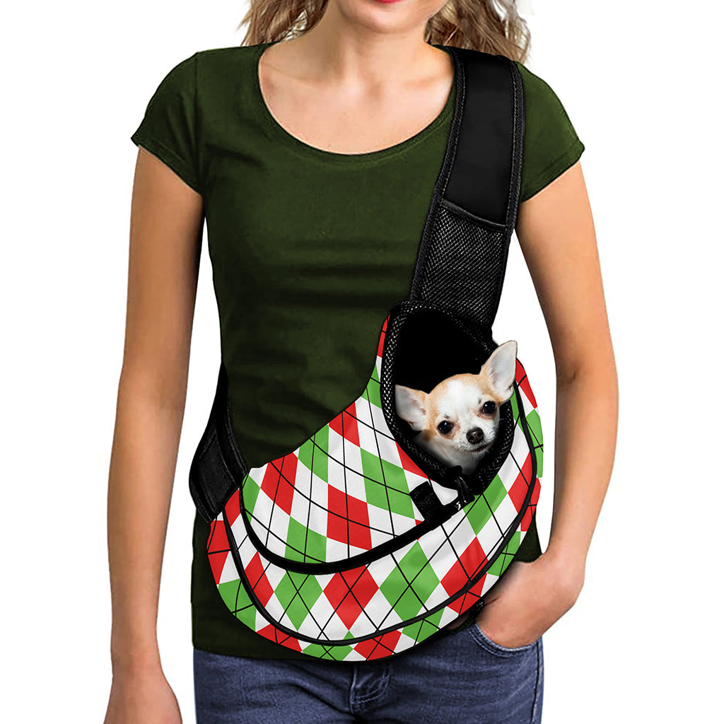 Green Red And White Argyle Pattern Print Pet Sling Carrier