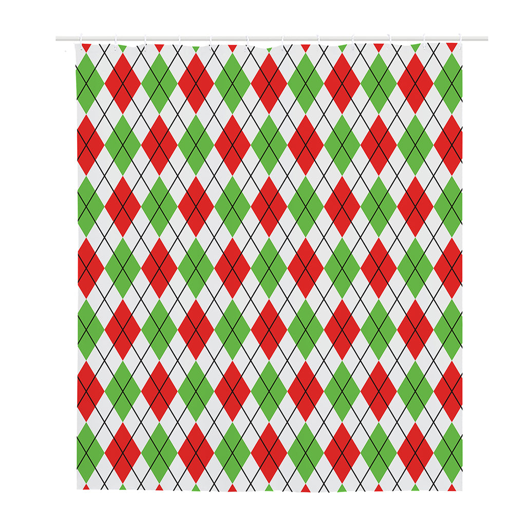 Green Red And White Argyle Pattern Print Polyester Shower Curtain