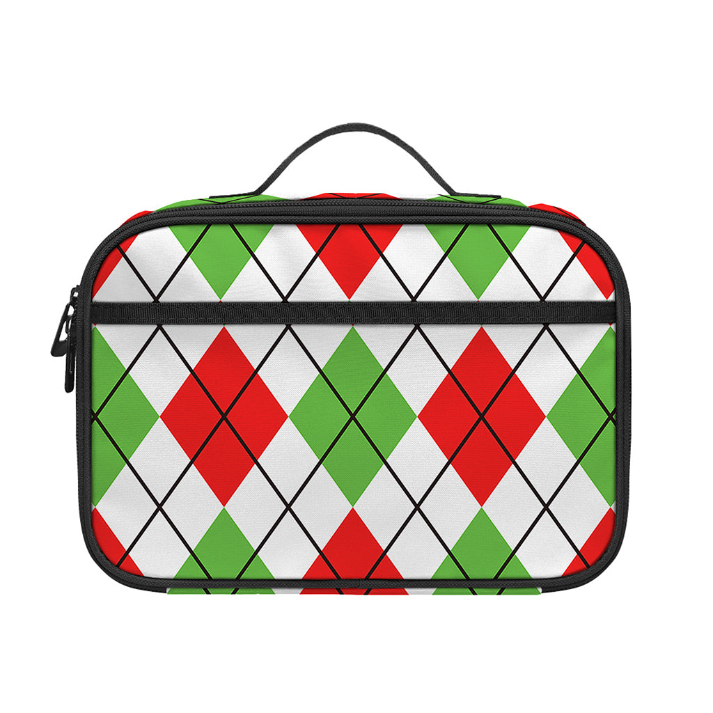 Green Red And White Argyle Pattern Print Portable Lunch Bag