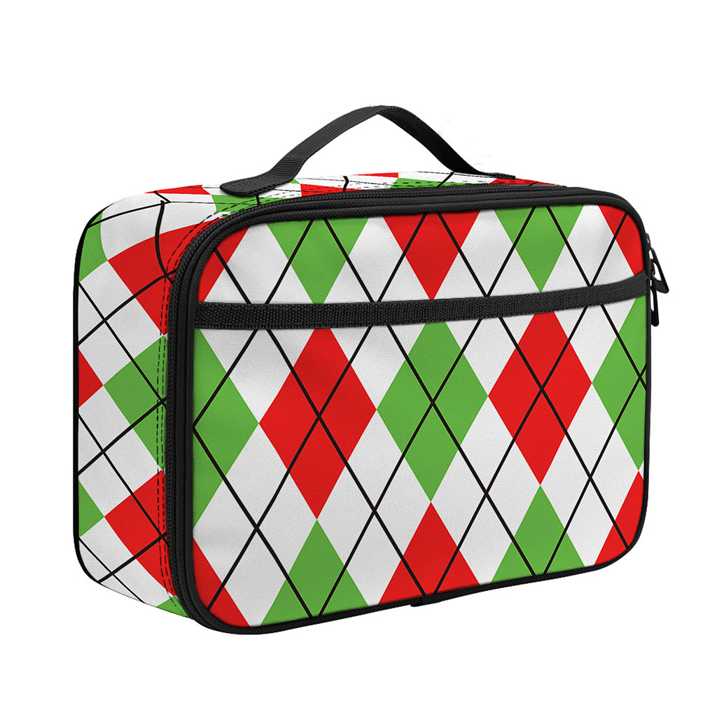 Green Red And White Argyle Pattern Print Portable Lunch Bag