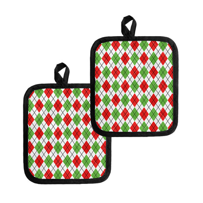 Green Red And White Argyle Pattern Print Pot Holders