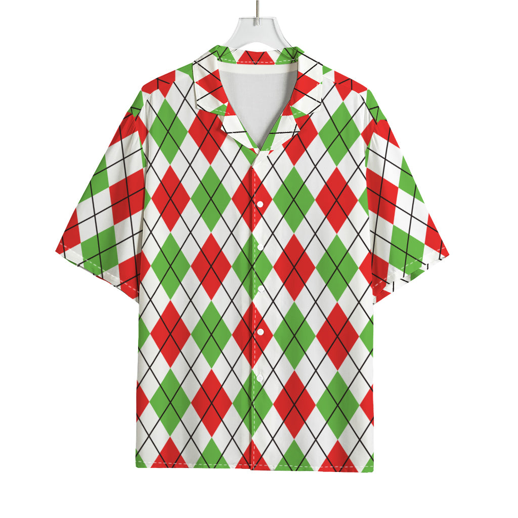 Green Red And White Argyle Pattern Print Rayon Hawaiian Shirt