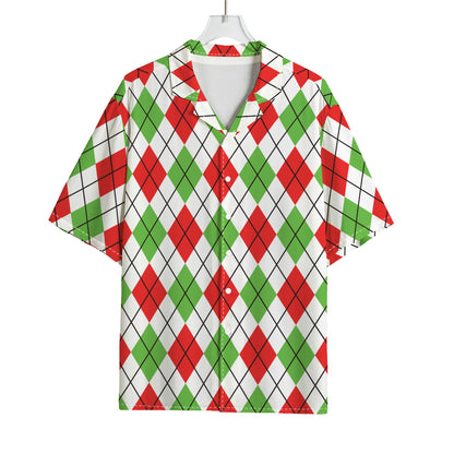Green Red And White Argyle Pattern Print Rayon Hawaiian Shirt