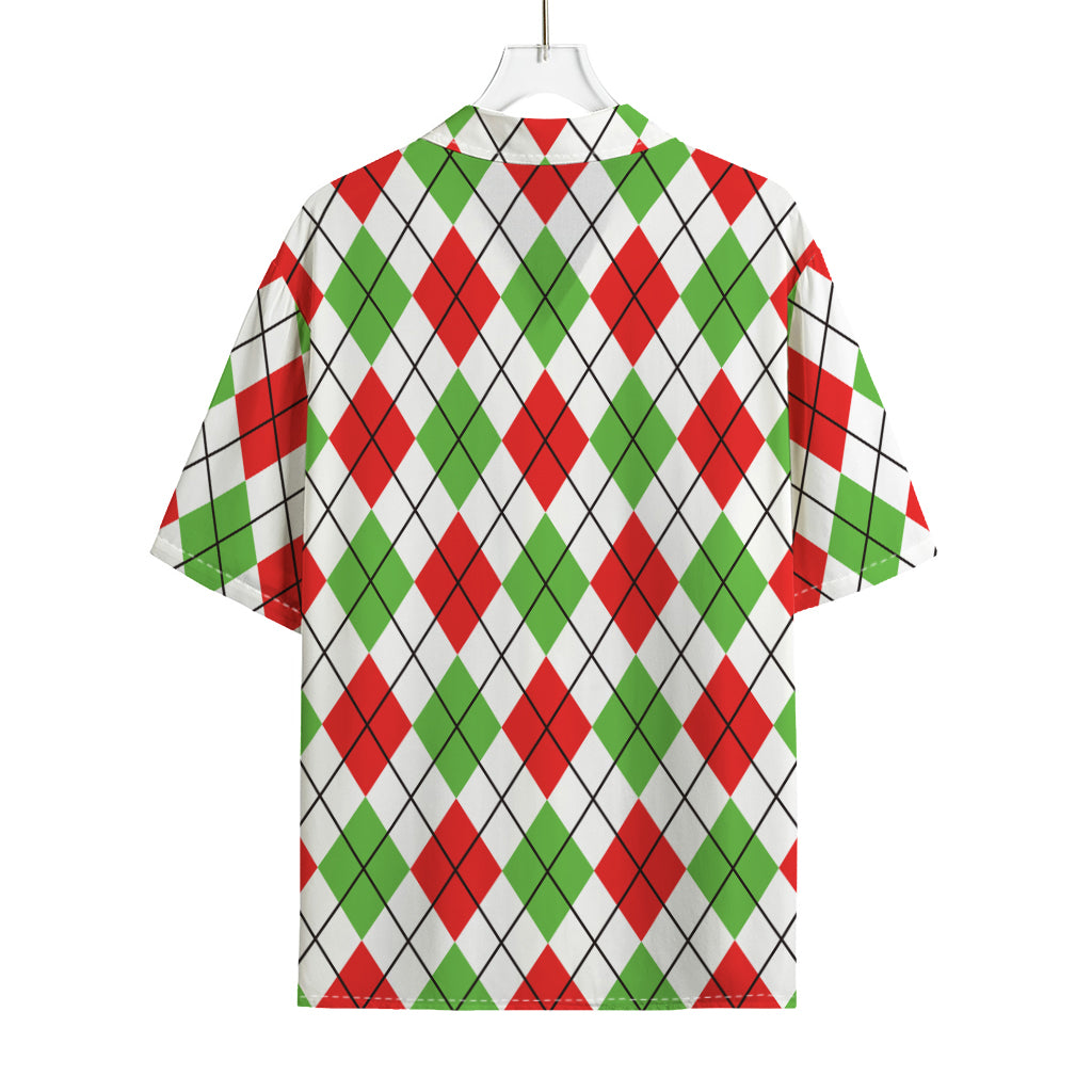 Green Red And White Argyle Pattern Print Rayon Hawaiian Shirt
