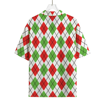 Green Red And White Argyle Pattern Print Rayon Hawaiian Shirt