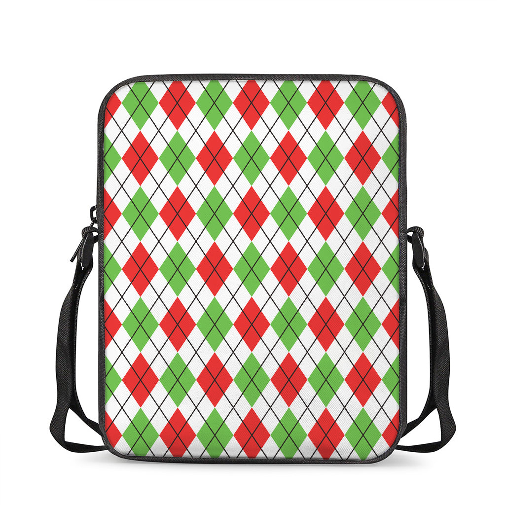 Green Red And White Argyle Pattern Print Rectangular Crossbody Bag