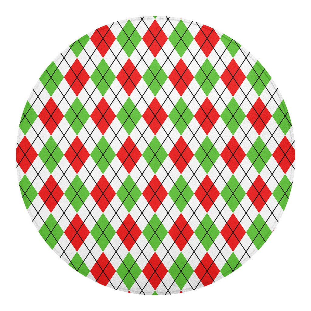 Green Red And White Argyle Pattern Print Round Blanket
