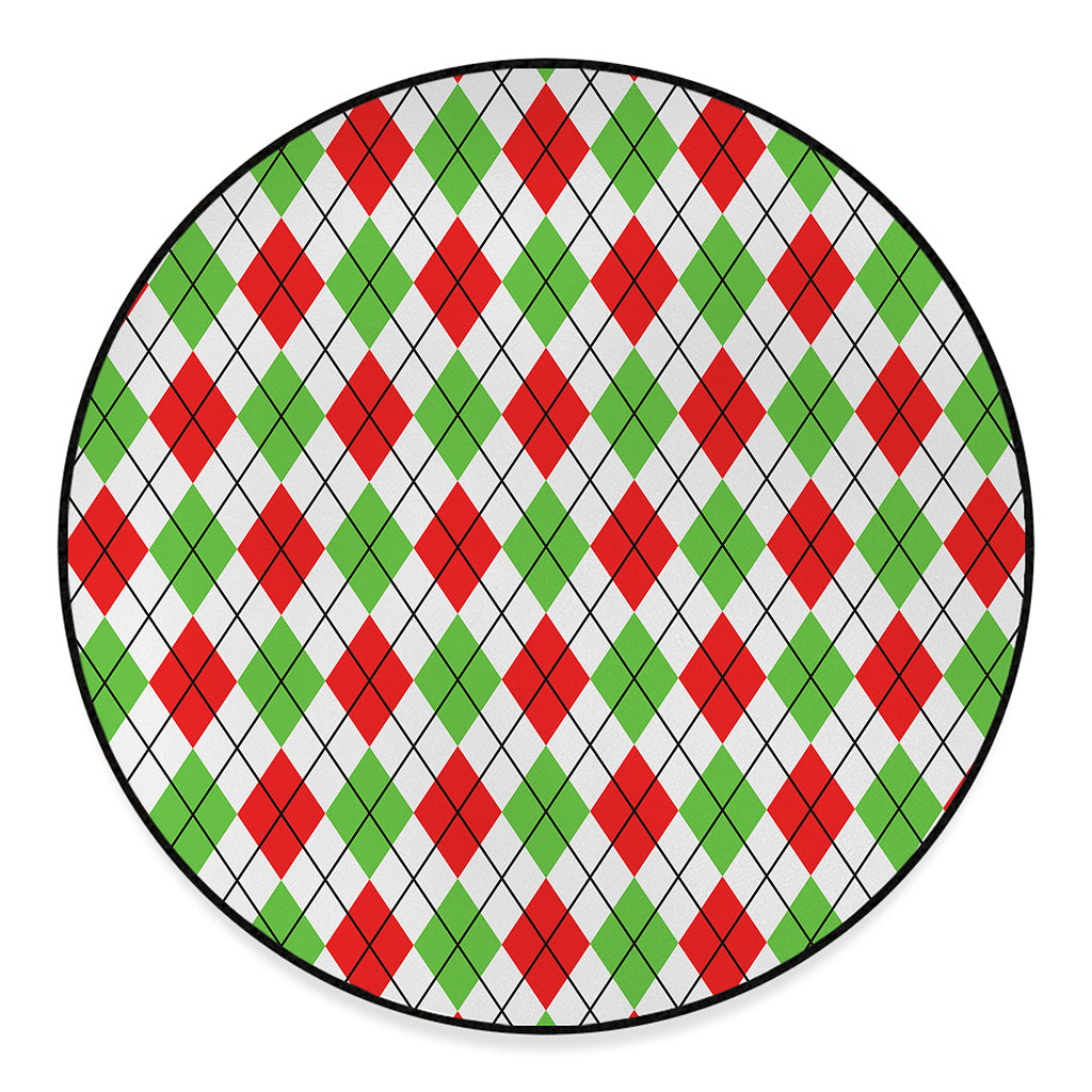 Green Red And White Argyle Pattern Print Round Floor Mat