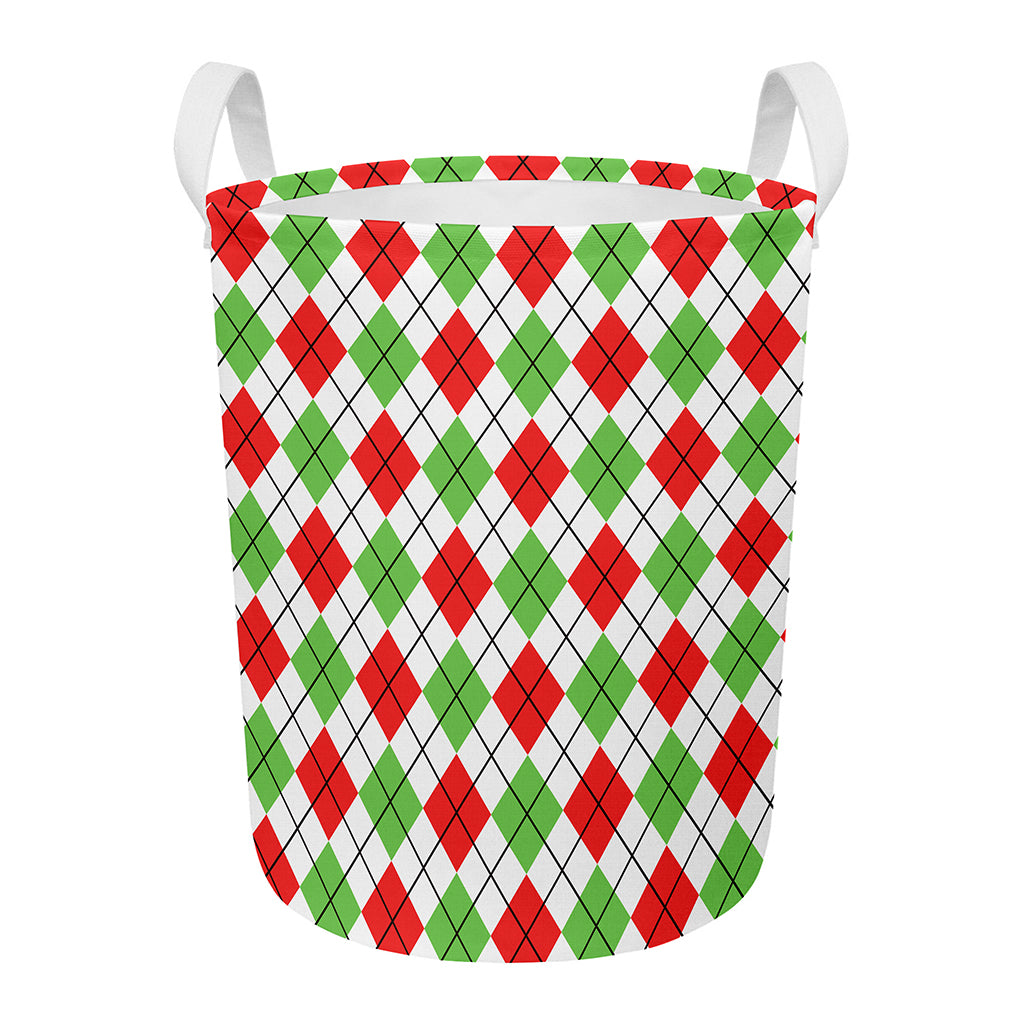 Green Red And White Argyle Pattern Print Round Laundry Basket