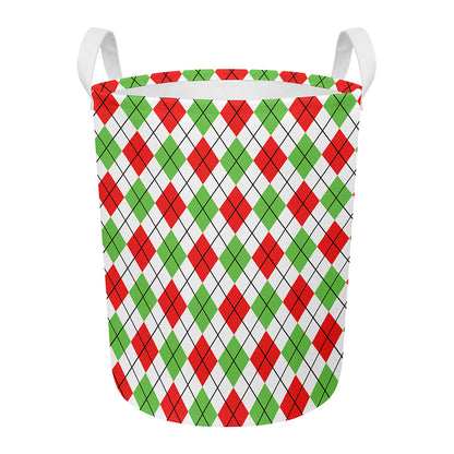 Green Red And White Argyle Pattern Print Round Laundry Basket