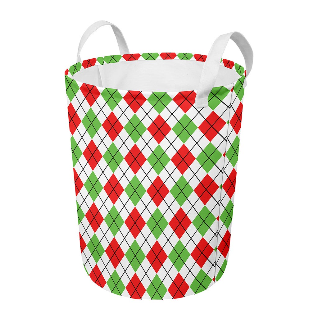 Green Red And White Argyle Pattern Print Round Laundry Basket