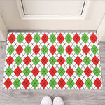 Green Red And White Argyle Pattern Print Rubber Doormat