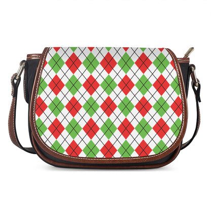 Green Red And White Argyle Pattern Print Saddle Bag