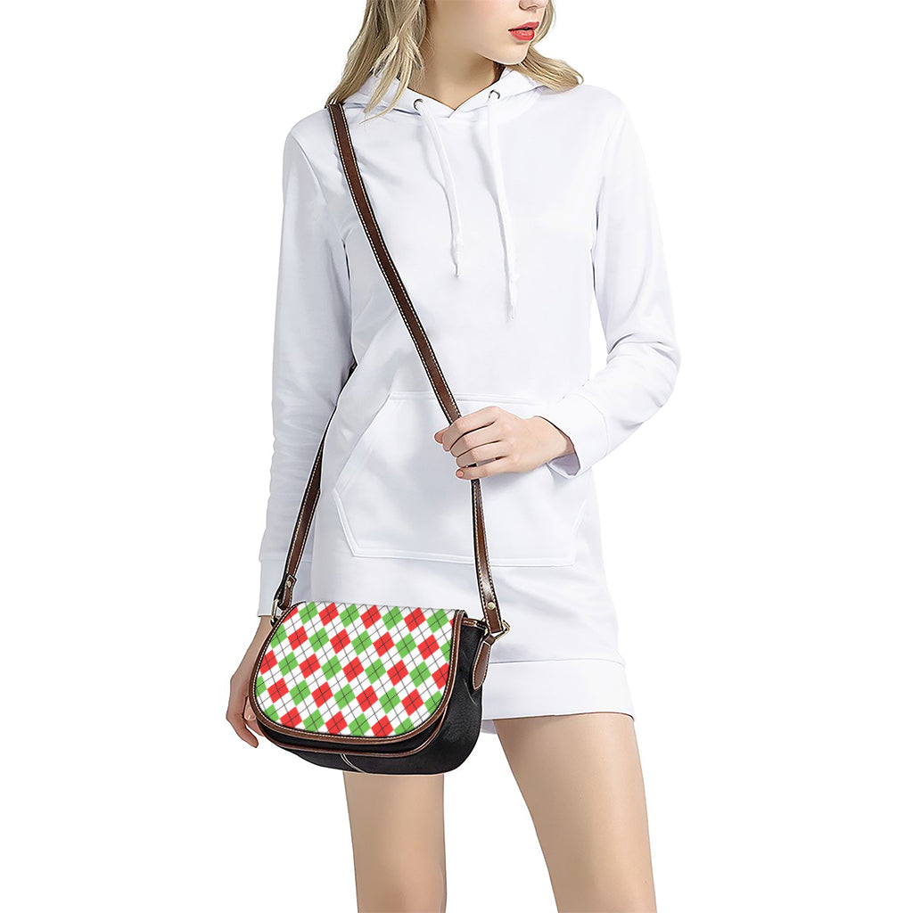 Green Red And White Argyle Pattern Print Saddle Bag