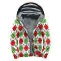 Green Red And White Argyle Pattern Print Sherpa Lined Zip Up Hoodie