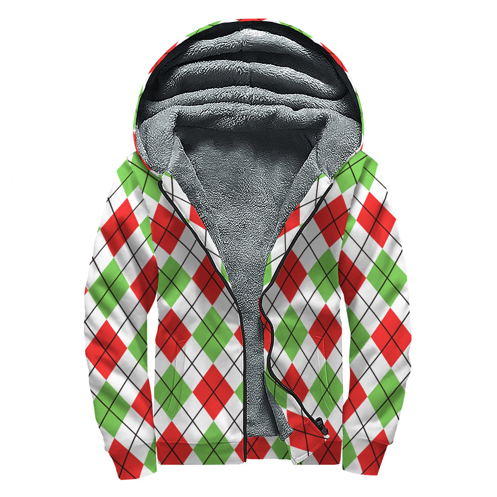 Green Red And White Argyle Pattern Print Sherpa Lined Zip Up Hoodie
