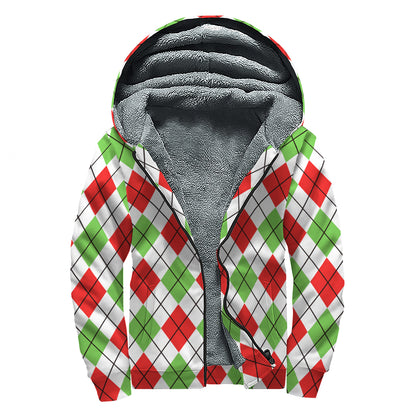 Green Red And White Argyle Pattern Print Sherpa Lined Zip Up Hoodie