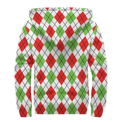 Green Red And White Argyle Pattern Print Sherpa Lined Zip Up Hoodie