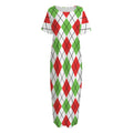 Green Red And White Argyle Pattern Print Short Sleeve Long Nightdress