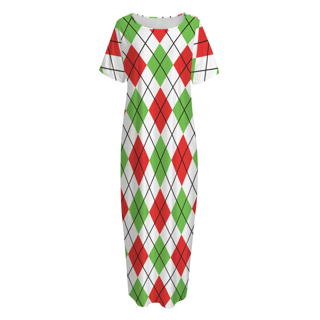 Green Red And White Argyle Pattern Print Short Sleeve Long Nightdress