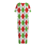 Green Red And White Argyle Pattern Print Short Sleeve Long Nightdress