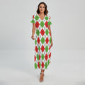 Green Red And White Argyle Pattern Print Short Sleeve Maxi Dress