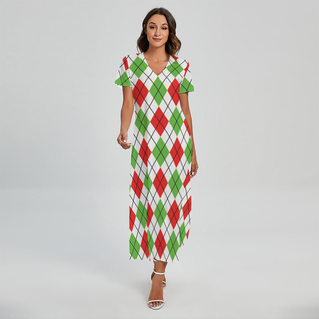 Green Red And White Argyle Pattern Print Short Sleeve Maxi Dress