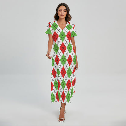 Green Red And White Argyle Pattern Print Short Sleeve Maxi Dress
