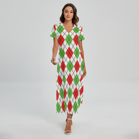 Green Red And White Argyle Pattern Print Short Sleeve Maxi Dress