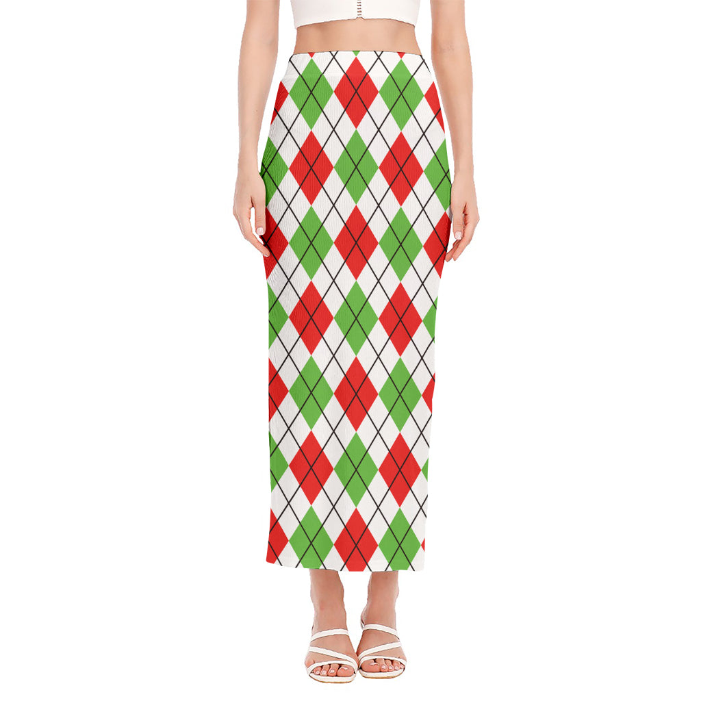 Green Red And White Argyle Pattern Print Side Slit Maxi Skirt