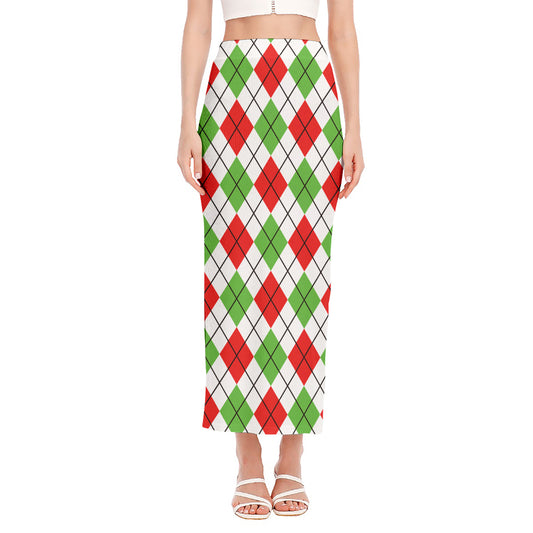 Green Red And White Argyle Pattern Print Side Slit Maxi Skirt