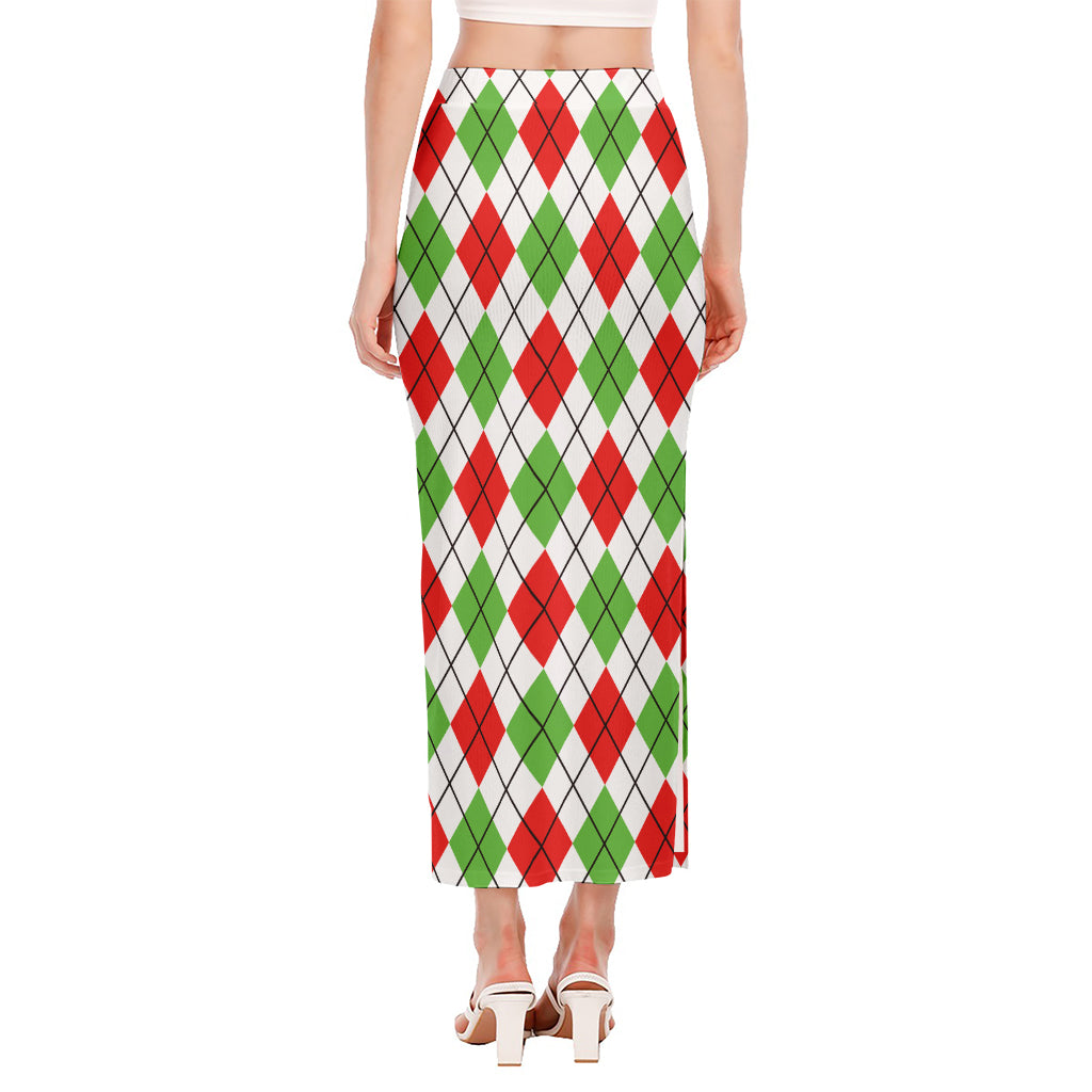 Green Red And White Argyle Pattern Print Side Slit Maxi Skirt