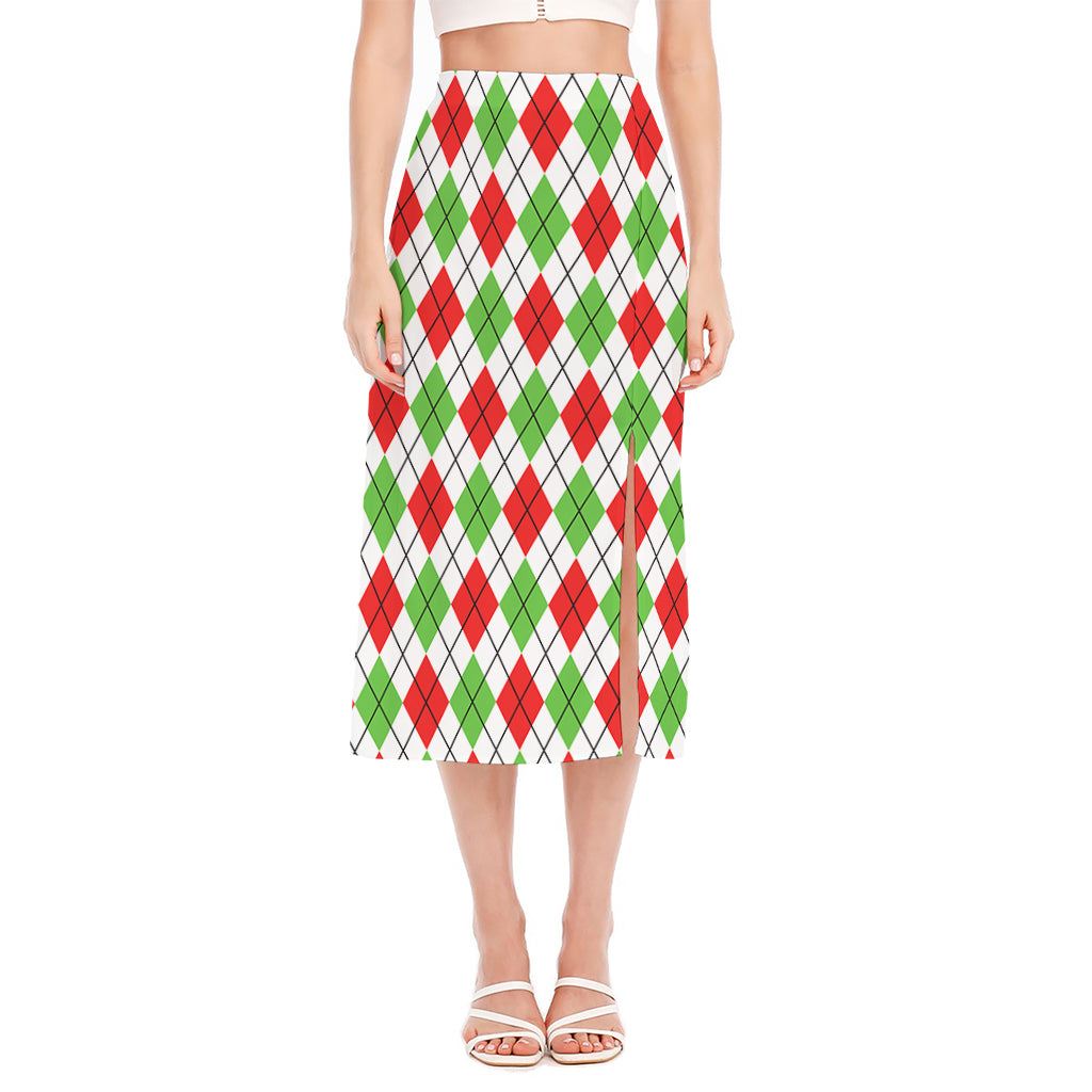 Green Red And White Argyle Pattern Print Side Slit Midi Skirt