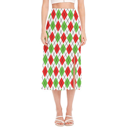 Green Red And White Argyle Pattern Print Side Slit Midi Skirt