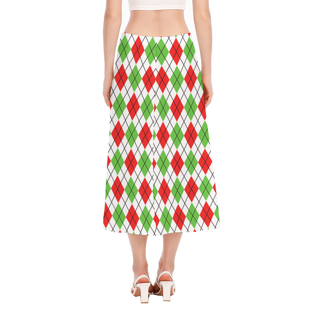 Green Red And White Argyle Pattern Print Side Slit Midi Skirt