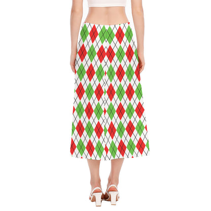 Green Red And White Argyle Pattern Print Side Slit Midi Skirt
