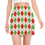 Green Red And White Argyle Pattern Print Side Slit Mini Skirt
