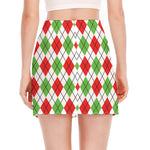Green Red And White Argyle Pattern Print Side Slit Mini Skirt
