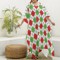 Green Red And White Argyle Pattern Print Silk V-Neck Kaftan Dress