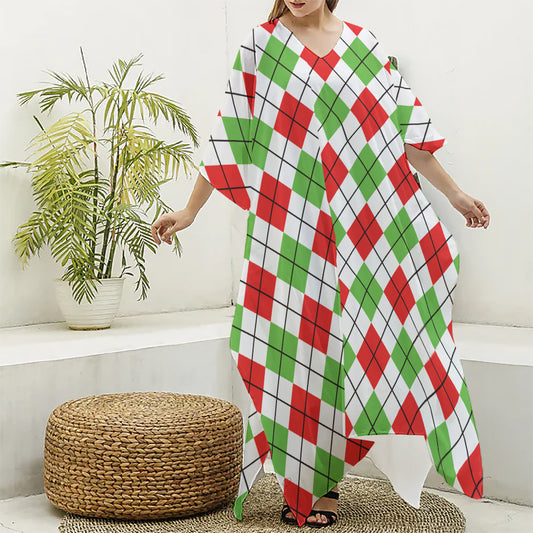 Green Red And White Argyle Pattern Print Silk V-Neck Kaftan Dress
