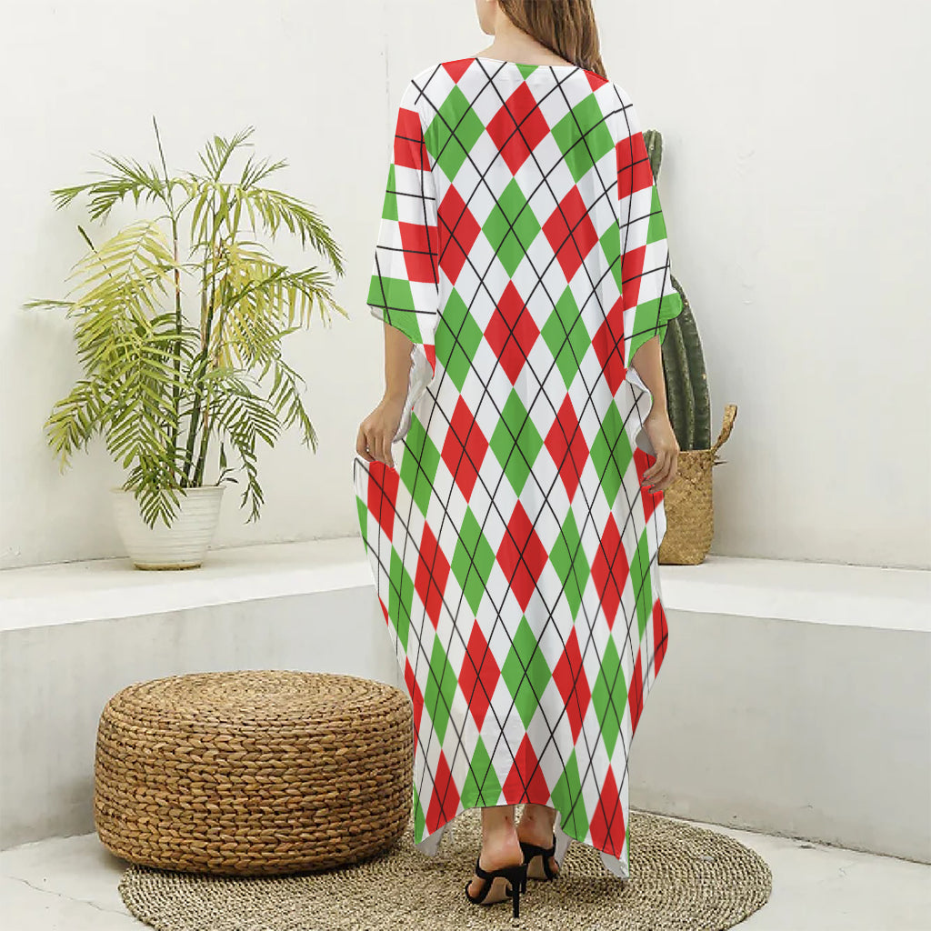 Green Red And White Argyle Pattern Print Silk V-Neck Kaftan Dress