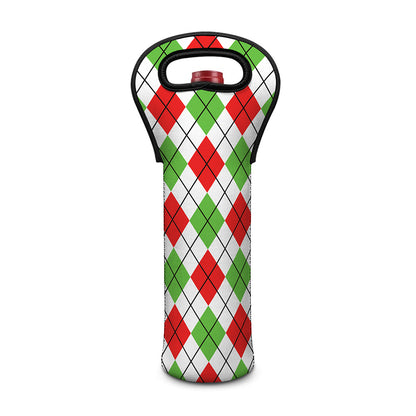 Green Red And White Argyle Pattern Print Single Neoprene Wine Tote