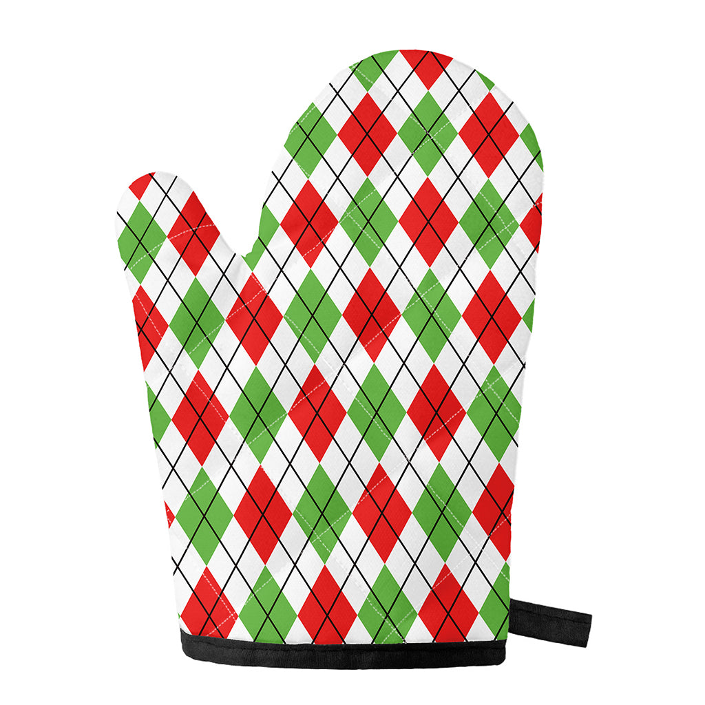 Green Red And White Argyle Pattern Print Single Oven Mitt