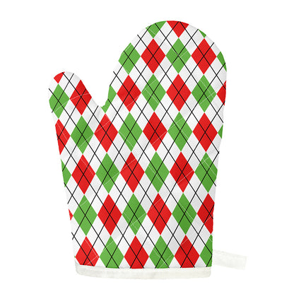 Green Red And White Argyle Pattern Print Single Oven Mitt