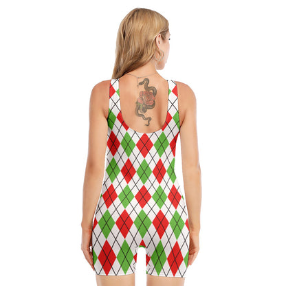Green Red And White Argyle Pattern Print Sleeveless One Piece Swimsuit