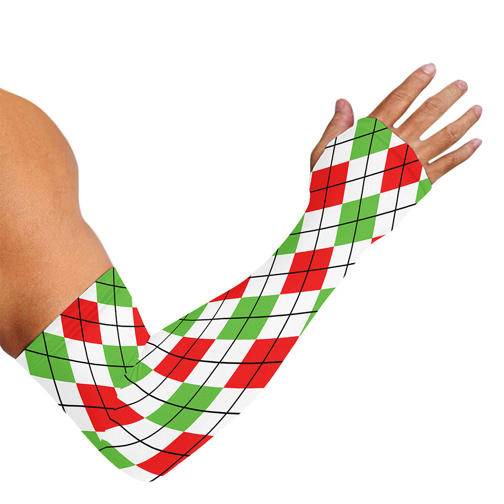 Green Red And White Argyle Pattern Print Sun Protection Arm Sleeves