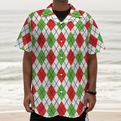 Green Red And White Argyle Pattern Print Textured Short Sleeve Shirt