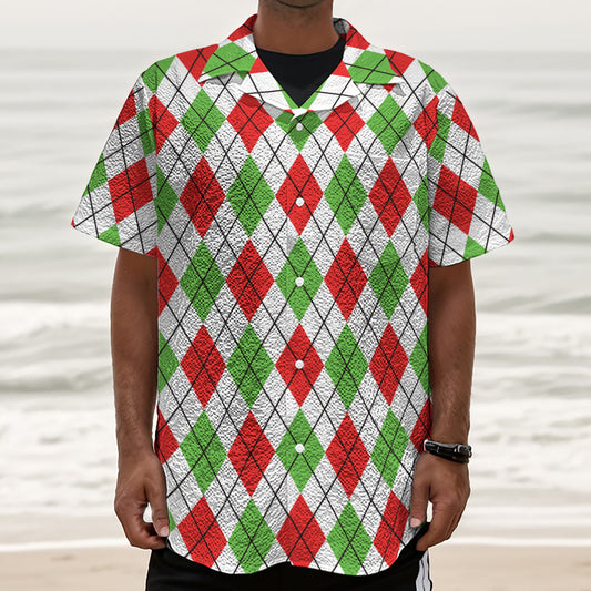 Green Red And White Argyle Pattern Print Textured Short Sleeve Shirt
