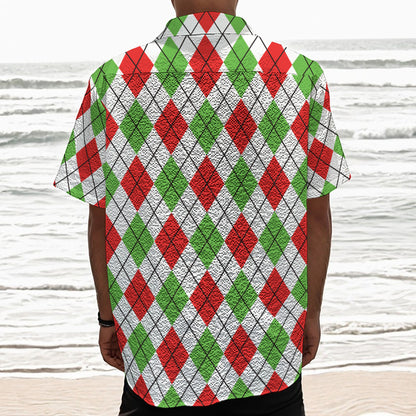 Green Red And White Argyle Pattern Print Textured Short Sleeve Shirt