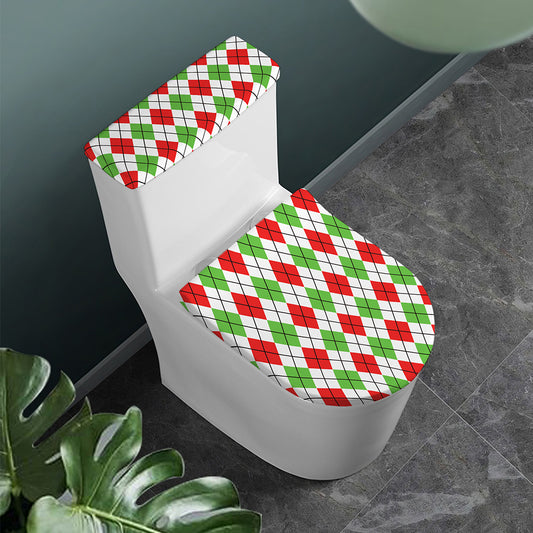 Green Red And White Argyle Pattern Print Toilet Lid And Tank Cover Set